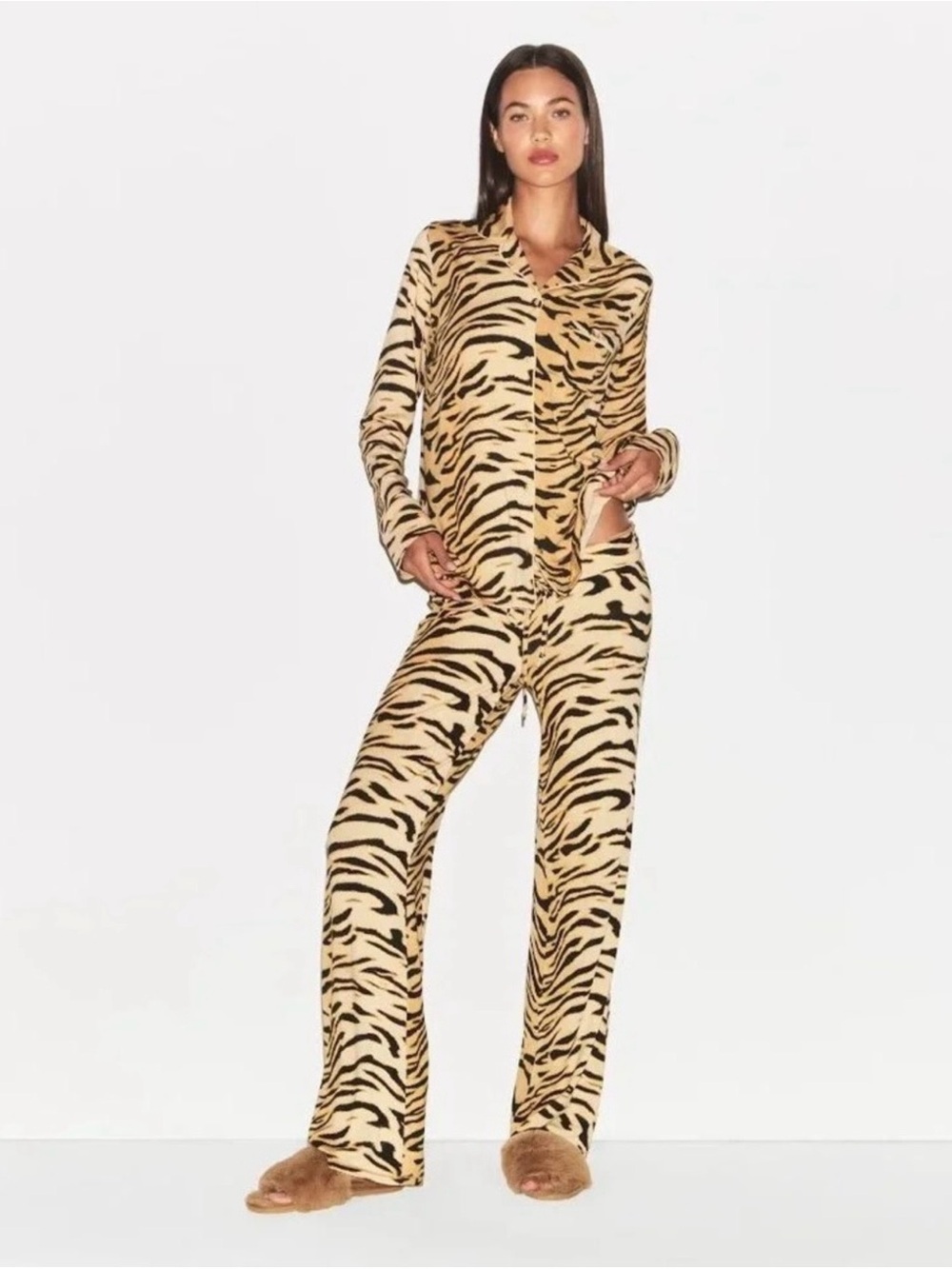SKIMS Tiger Print Pajama Set in Beige and Black